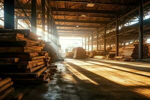 Wooden plank or board in the lumber mill industry. Stack of logs and wood in the sawmill production concept by AI Generated photo