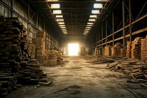 Wooden plank or board in the lumber mill industry. Stack of logs and wood in the sawmill production concept by AI Generated photo