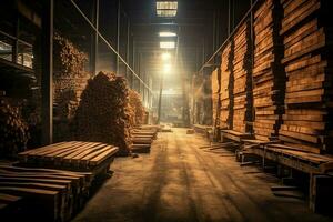 de madera tablón o tablero en el Tablas de madera molino industria. apilar de registros y madera en el aserradero producción concepto por ai generado foto