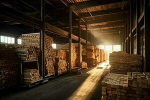 Wooden plank or board in the lumber mill industry. Stack of logs and wood in the sawmill production concept by AI Generated photo