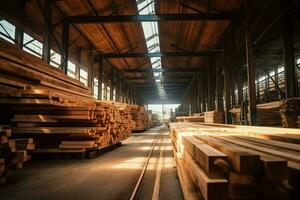 de madera tablón o tablero en el Tablas de madera molino industria. apilar de registros y madera en el aserradero producción concepto por ai generado foto