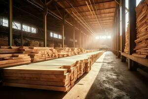 Wooden plank or board in the lumber mill industry. Stack of logs and wood in the sawmill production concept by AI Generated photo