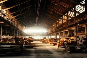 Wooden plank or board in the lumber mill industry. Stack of logs and wood in the sawmill production concept by AI Generated photo