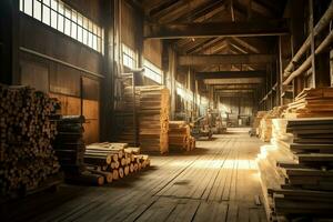 Wooden plank or board in the lumber mill industry. Stack of logs and wood in the sawmill production concept by AI Generated photo