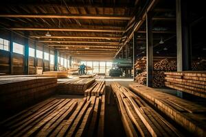 Wooden plank or board in the lumber mill industry. Stack of logs and wood in the sawmill production concept by AI Generated photo