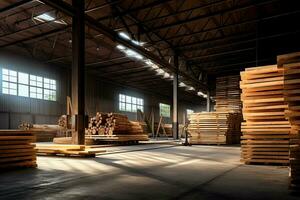 Wooden plank or board in the lumber mill industry. Stack of logs and wood in the sawmill production concept by AI Generated photo