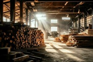 Wooden plank or board in the lumber mill industry. Stack of logs and wood in the sawmill production concept by AI Generated photo