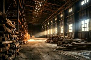 Wooden plank or board in the lumber mill industry. Stack of logs and wood in the sawmill production concept by AI Generated photo