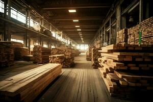 de madera tablón o tablero en el Tablas de madera molino industria. apilar de registros y madera en el aserradero producción concepto por ai generado foto