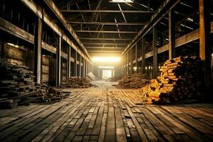 Wooden plank or board in the lumber mill industry. Stack of logs and wood in the sawmill production concept by AI Generated photo