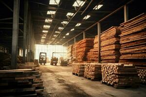 de madera tablón o tablero en el Tablas de madera molino industria. apilar de registros y madera en el aserradero producción concepto por ai generado foto