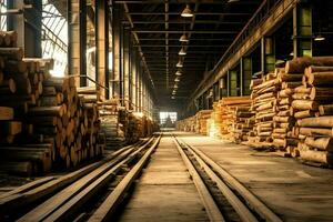 Wooden plank or board in the lumber mill industry. Stack of logs and wood in the sawmill production concept by AI Generated photo