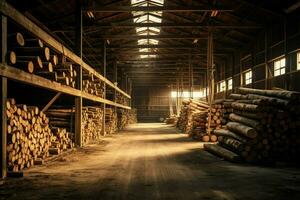 Wooden plank or board in the lumber mill industry. Stack of logs and wood in the sawmill production concept by AI Generated photo