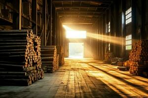 de madera tablón o tablero en el Tablas de madera molino industria. apilar de registros y madera en el aserradero producción concepto por ai generado foto