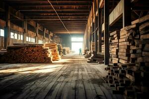 Wooden plank or board in the lumber mill industry. Stack of logs and wood in the sawmill production concept by AI Generated photo