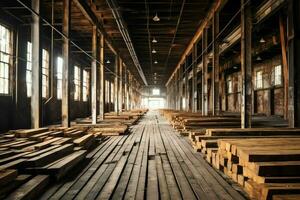 Wooden plank or board in the lumber mill industry. Stack of logs and wood in the sawmill production concept by AI Generated photo