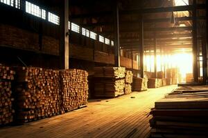 Wooden plank or board in the lumber mill industry. Stack of logs and wood in the sawmill production concept by AI Generated photo