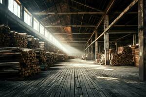 Wooden plank or board in the lumber mill industry. Stack of logs and wood in the sawmill production concept by AI Generated photo