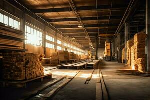 de madera tablón o tablero en el Tablas de madera molino industria. apilar de registros y madera en el aserradero producción concepto por ai generado foto