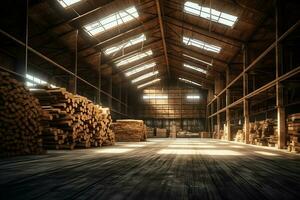 de madera tablón o tablero en el Tablas de madera molino industria. apilar de registros y madera en el aserradero producción concepto por ai generado foto