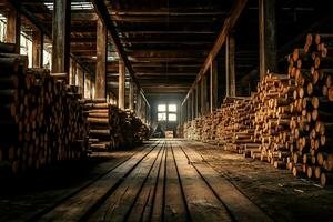 Wooden plank or board in the lumber mill industry. Stack of logs and wood in the sawmill production concept by AI Generated photo