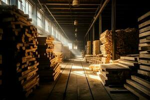 de madera tablón o tablero en el Tablas de madera molino industria. apilar de registros y madera en el aserradero producción concepto por ai generado foto