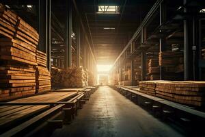 de madera tablón o tablero en el Tablas de madera molino industria. apilar de registros y madera en el aserradero producción concepto por ai generado foto