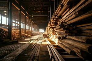 Wooden plank or board in the lumber mill industry. Stack of logs and wood in the sawmill production concept by AI Generated photo