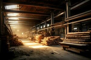 Wooden plank or board in the lumber mill industry. Stack of logs and wood in the sawmill production concept by AI Generated photo