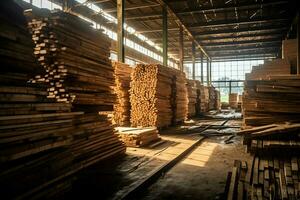 de madera tablón o tablero en el Tablas de madera molino industria. apilar de registros y madera en el aserradero producción concepto por ai generado foto