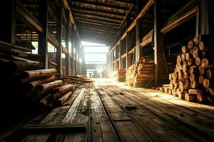 Wooden plank or board in the lumber mill industry. Stack of logs and wood in the sawmill production concept by AI Generated photo