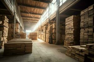 Wooden plank or board in the lumber mill industry. Stack of logs and wood in the sawmill production concept by AI Generated photo