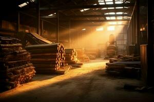 Wooden plank or board in the lumber mill industry. Stack of logs and wood in the sawmill production concept by AI Generated photo