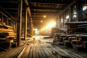 Wooden plank or board in the lumber mill industry. Stack of logs and wood in the sawmill production concept by AI Generated photo