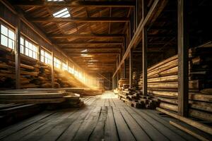 Wooden plank or board in the lumber mill industry. Stack of logs and wood in the sawmill production concept by AI Generated photo