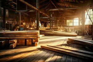 de madera tablón o tablero en el Tablas de madera molino industria. apilar de registros y madera en el aserradero producción concepto por ai generado foto