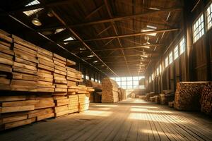 de madera tablón o tablero en el Tablas de madera molino industria. apilar de registros y madera en el aserradero producción concepto por ai generado foto
