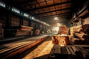 Wooden plank or board in the lumber mill industry. Stack of logs and wood in the sawmill production concept by AI Generated photo