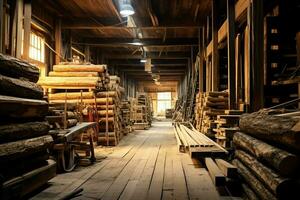 de madera tablón o tablero en el Tablas de madera molino industria. apilar de registros y madera en el aserradero producción concepto por ai generado foto