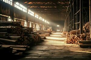 de madera tablón o tablero en el Tablas de madera molino industria. apilar de registros y madera en el aserradero producción concepto por ai generado foto