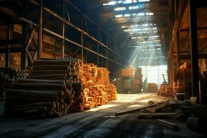 de madera tablón o tablero en el Tablas de madera molino industria. apilar de registros y madera en el aserradero producción concepto por ai generado foto