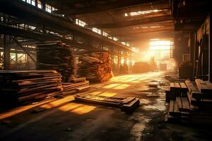 de madera tablón o tablero en el Tablas de madera molino industria. apilar de registros y madera en el aserradero producción concepto por ai generado foto