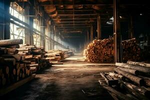 Wooden plank or board in the lumber mill industry. Stack of logs and wood in the sawmill production concept by AI Generated photo