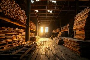 Wooden plank or board in the lumber mill industry. Stack of logs and wood in the sawmill production concept by AI Generated photo