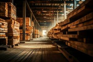 Wooden plank or board in the lumber mill industry. Stack of logs and wood in the sawmill production concept by AI Generated photo