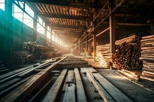 de madera tablón o tablero en el Tablas de madera molino industria. apilar de registros y madera en el aserradero producción concepto por ai generado foto