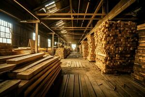 Wooden plank or board in the lumber mill industry. Stack of logs and wood in the sawmill production concept by AI Generated photo