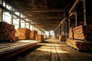 Wooden plank or board in the lumber mill industry. Stack of logs and wood in the sawmill production concept by AI Generated photo