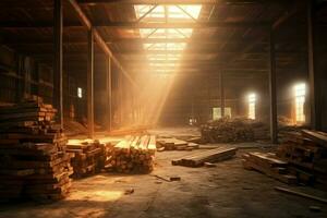 de madera tablón o tablero en el Tablas de madera molino industria. apilar de registros y madera en el aserradero producción concepto por ai generado foto