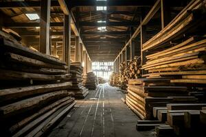 de madera tablón o tablero en el Tablas de madera molino industria. apilar de registros y madera en el aserradero producción concepto por ai generado foto